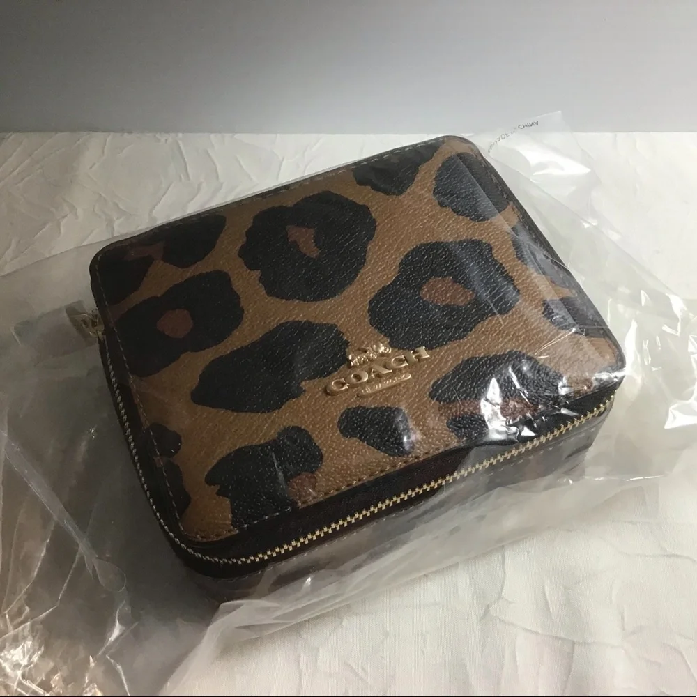 Coach Leopard Print Travel Jewelry Case in Brown and Black with Mirror